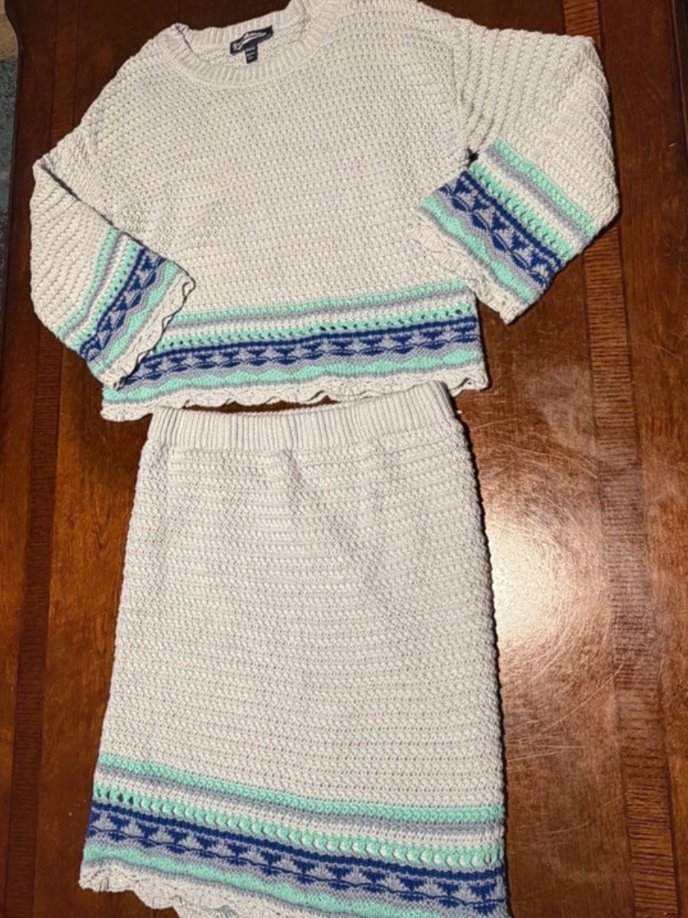 Girls Cream Knit Two-Piece Set with Blue & Mint Trim